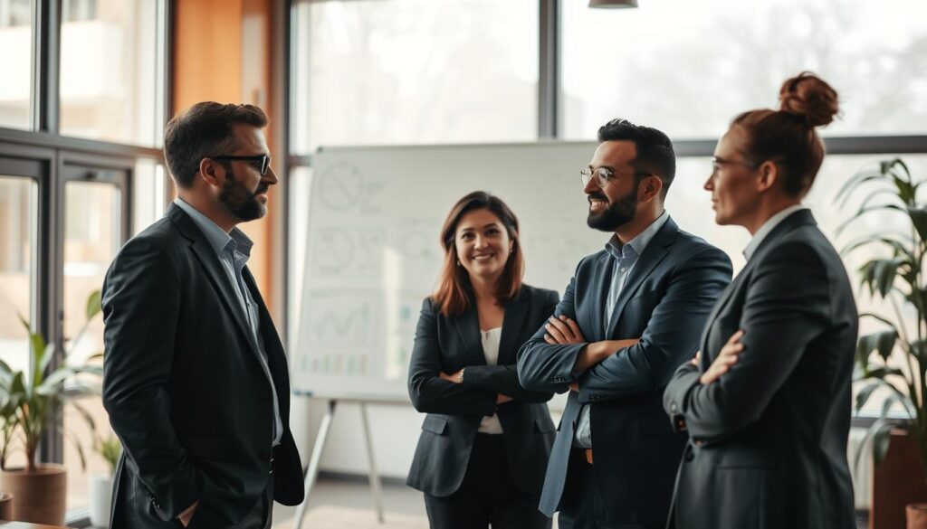 A serene office environment that embodies the theme of understanding the context of work. In the foreground, a diverse group of professionals—two men and one woman—are engaged in a thoughtful discussion, dressed in professional attire. Their expressions show curiosity and engagement. In the middle ground, a large whiteboard displays various strategic diagrams and notes, symbolizing collaboration and analysis. The background features large windows with soft, natural light flooding in, creating a warm and inviting atmosphere. The scene is shot with a Sony A7R IV at 70mm, ensuring a sharply defined focus on the group while softly blurring the background. The overall mood is one of positivity, motivation, and insight, ideal for fostering joy and purpose at work.