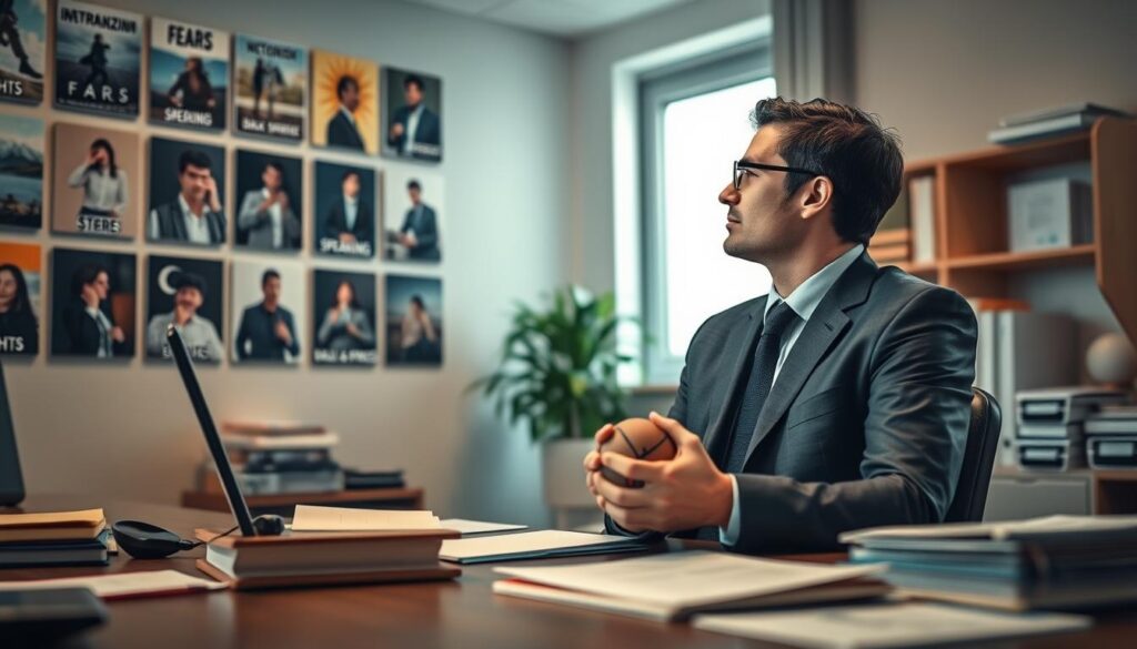 A serene office environment, where a professional individual in business attire is seated at a desk, looking thoughtfully at a wall filled with images representing various fears, such as heights, public speaking, and dark spaces. In the foreground, the person holds a stress ball, symbolizing their stress management efforts. The middle ground features organized papers and a calming indoor plant, promoting a peaceful atmosphere. The background captures soft natural light streaming through a window, creating a warm, inviting glow. Shot on a Sony A7R IV at 70mm, the composition is sharply focused with a polarizing filter, emphasizing the mood of introspection and resolution in facing fears rather than avoiding them.
