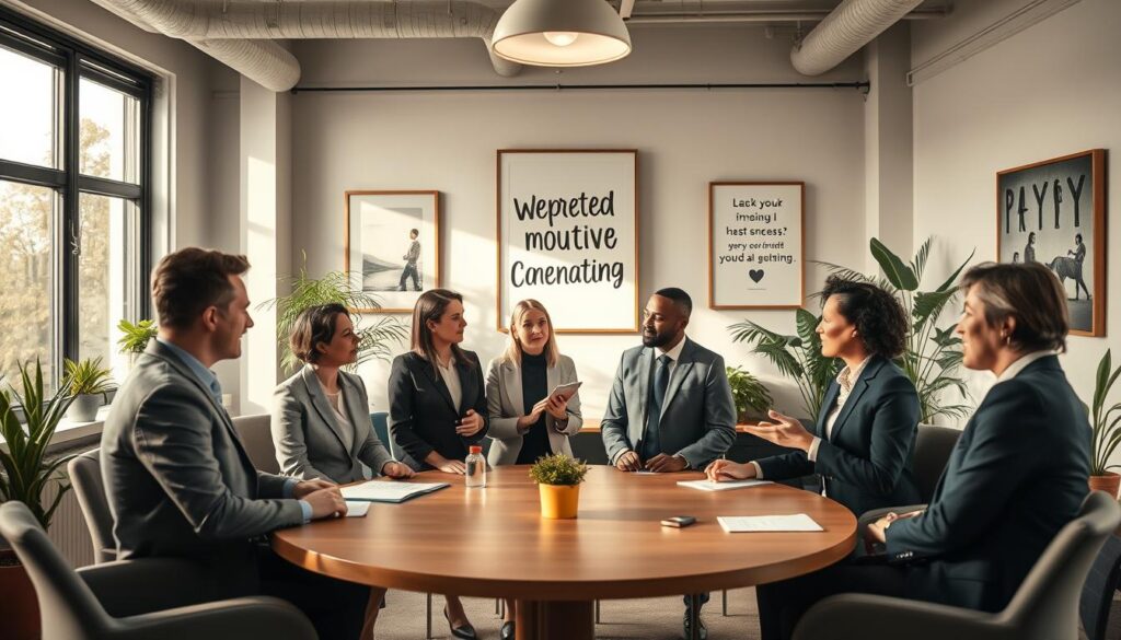 A serene office setting, capturing the essence of "Wertschätzende Kommunikation" through visual storytelling. In the foreground, a diverse group of professionals engaged in empathetic conversation, dressed in smart business attire. The middle ground features a large round table surrounded by these individuals, with soft, natural light cascading through large windows, creating a warm atmosphere. In the background, inspirational artwork on the walls subtly reinforces the theme of communication, along with potted plants that enhance the calming environment. The image is shot on a Sony A7R IV at 70mm, ensuring sharp focus on the faces and gestures of the individuals, with a polarized filter to enhance color and contrast. The overall mood is collaborative and respectful, embodying the four steps of appreciative communication.