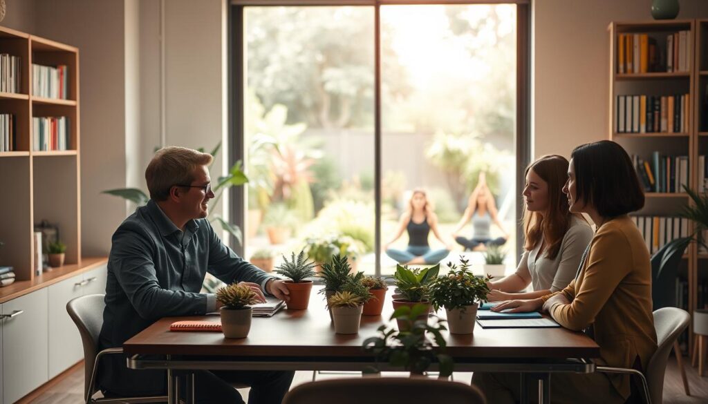 A serene office setting that embodies strategies for improving work-life balance. In the foreground, a diverse group of three professionals, a man and two women, are engaged in a relaxed discussion around a table filled with plants and notepads, wearing smart casual attire. In the middle ground, a large window reveals a sunlit outdoor garden where employees are practicing yoga and enjoying nature, emphasizing relaxation and well-being. The background features shelves filled with books on time management and wellness, softly lit by warm, diffused sunlight. Shot on a Sony A7R IV with a 70mm lens, this image captures a harmonious balance between work and leisure, creating a peaceful and motivating atmosphere.