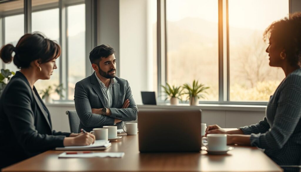 A serene office setting with a diverse group of three professionals engaged in a constructive discussion about criticism. In the foreground, a woman in a smart blazer takes notes while facing a man in a collared shirt, who is thoughtfully explaining his perspective. A second woman, seated on the other side of the table, listens attentively, her expression encouraging. The middle ground features a modern meeting table with a laptop, notepad, and coffee cups, creating a collaborative atmosphere. The background showcases large windows with soft natural light streaming in, casting a warm glow on the scene. Shot on a Sony A7R IV at 70mm, the image is sharply defined and clear, capturing the mood of professionalism and openness to feedback.