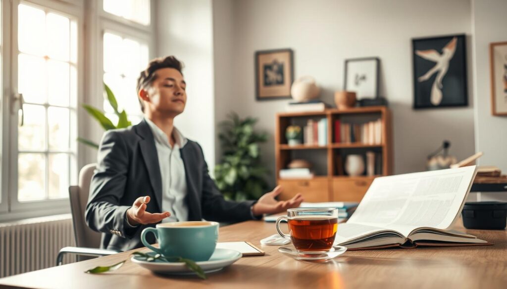 A serene office space designed for decision-making, featuring a well-lit room with large windows allowing soft, natural light to fill the environment. In the foreground, a person dressed in professional business attire is seated at a modern desk, engaged in meditation with closed eyes, embodying relaxation techniques. In the middle ground, an open notebook and a steaming cup of herbal tea suggest a thoughtful approach to decision-making. The background displays calming elements such as a green indoor plant, a bookshelf filled with motivational literature, and subtle artworks on the walls that evoke tranquility. Shot with a Sony A7R IV at 70mm, focused and sharply defined, using a polarized filter to enhance the clarity and depth, creating a mood of calmness and focus in the atmosphere.