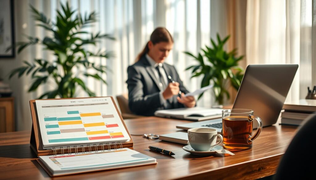 A serene office space focusing on productivity and time management through the time-blocking technique. In the foreground, a neatly arranged wooden desk features a planner open to a color-coded schedule, a laptop displaying a timer, and a cup of herbal tea. In the middle, a professional individual in business attire deeply concentrates, jotting down notes, reflecting focus and determination. The background showcases a large window with soft, natural light filtering through sheer curtains, casting gentle shadows that enhance the calm atmosphere. A lush indoor plant adds a touch of green, promoting a refreshing environment. Captured with a Sony A7R IV at 70mm, the image is sharply defined and enhanced with a polarized filter for clarity and contrast, creating an inviting and motivating space that embodies concentration and organization.