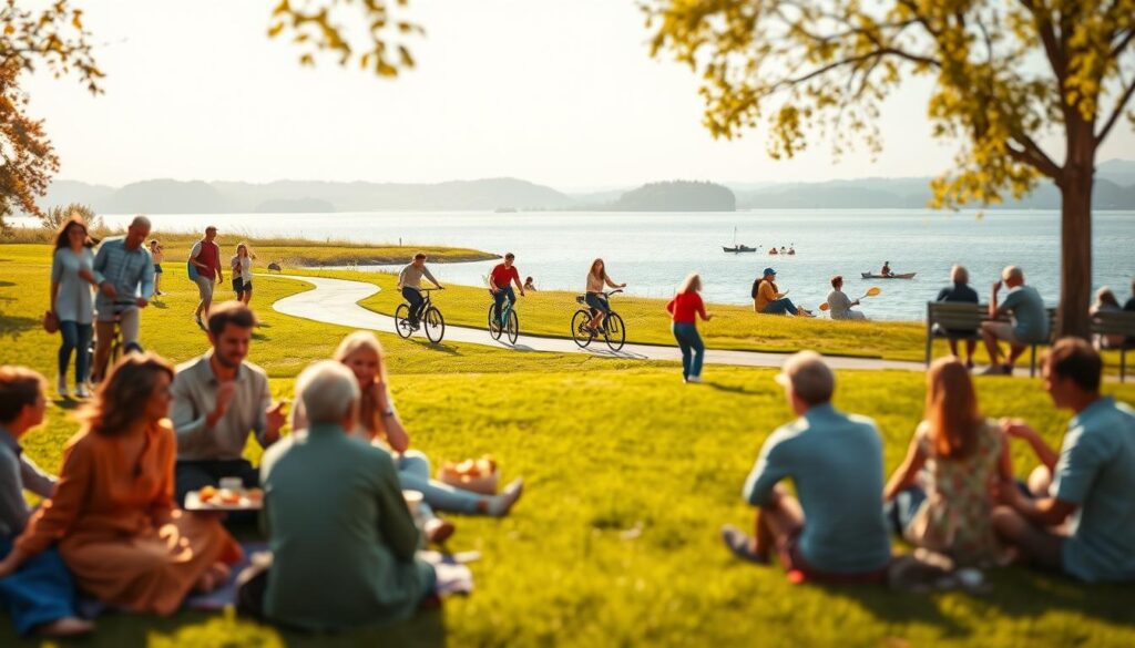 A serene outdoor scene depicting various leisure activities. In the foreground, a diverse group of people in modest casual clothing enjoys a lively picnic on a green lawn, laughing and sharing food. In the middle, a young couple rides bicycles along a winding path, while a family plays frisbee nearby. In the background, a tranquil lake reflects the blue sky, with people kayaking and a few sitting on benches, reading or chatting. The atmosphere is vibrant and joyful, filled with a sense of community and relaxation. The light is warm and golden, suggesting late afternoon, captured with a Sony A7R IV using a 70mm lens and a polarized filter for clarity and definition.