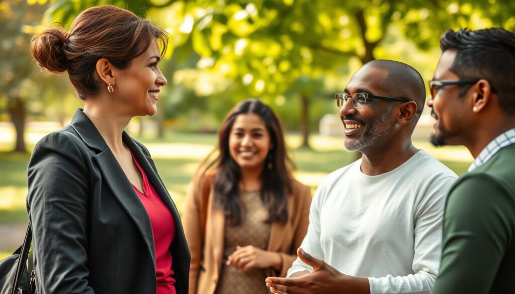 A serene outdoor scene illustrating "proaktive Toleranz," showcasing a diverse group of individuals engaged in an open discussion, symbolizing active acceptance. In the foreground, a middle-aged Caucasian woman and a young Black man lean towards each other, smiling, with professional attire emphasizing their commitment to collaboration. In the middle ground, two people of Asian descent and Hispanic descent actively listen, fostering a nurturing atmosphere. The background features a lush green park with gentle sunlight filtering through leaves, casting soft shadows. Shot on a Sony A7R IV with a 70mm lens, the image is sharply defined, with a polarized filter enhancing colors. The mood is warm, inviting, and optimistic, conveying the essence of tolerance as a proactive stance in human relationships.
