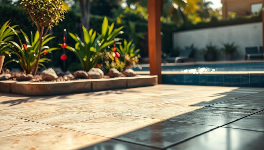 A serene outdoor setting featuring well-maintained exterior tiles, showcasing a beautifully designed patio area. In the foreground, the glistening tiles reflect the soft sunlight, highlighting their texture and color. The middle ground includes a landscaped garden with vibrant plants and decorative stones, adding a touch of nature. In the background, there's a modern swimming pool with shimmering water, framed by lush greenery. The image is captured on a Sony A7R IV at 70mm, with a polarized filter to reduce glare and enhance colors. The lighting is warm, creating an inviting atmosphere that suggests relaxation and care. The scene embodies the theme of maintenance and care for exterior tiles in a tranquil environment.