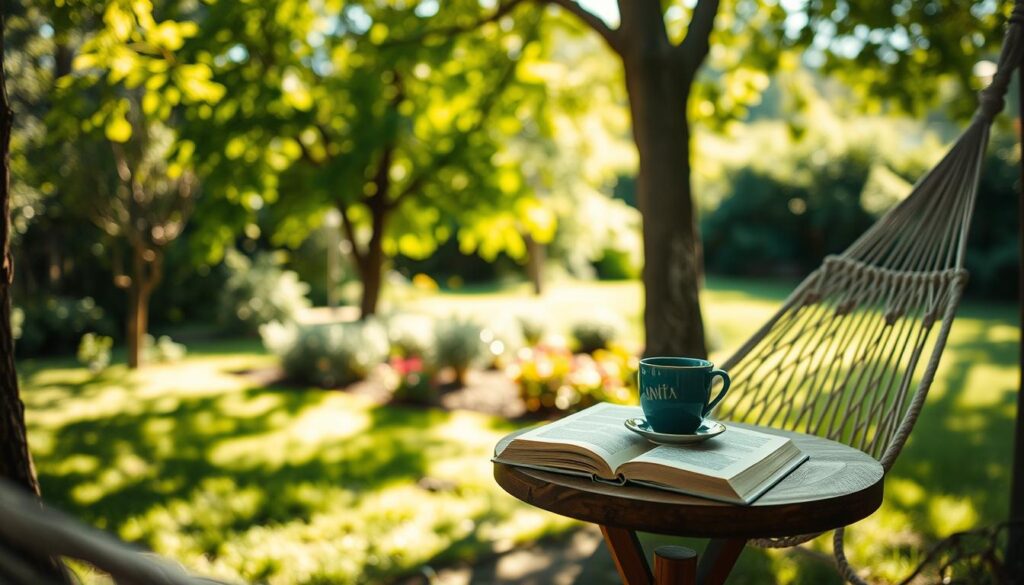 A serene outdoor workspace scene depicting the importance of regular relaxation in daily life. In the foreground, a comfortable hammock strung between two trees, invitingly empty. In the middle ground, a small wooden table adorned with a steaming cup of herbal tea and an open book, suggesting leisure and enjoyment. The background features a lush green garden, softly blurred to emphasize tranquility, with sunlight filtering through the leaves, creating dappled shadows on the ground. The overall atmosphere is peaceful and rejuvenating, captured with a Sony A7R IV at 70mm, focusing sharply on the hammock and table. Use a polarized filter to enhance colors and clarity, evoking a sense of calm and balance in everyday life.