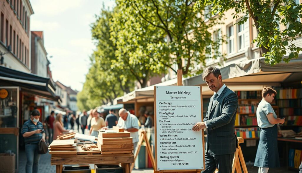 A serene scene depicting a busy craftsmen's market in Bodenwerder, showcasing a variety of artisans offering their services. In the foreground, a professional carpenter in a neat business attire works on a wooden project, demonstrating transparency in pricing by displaying a clear list of services and costs on a nearby stand. The middle ground features a colorful array of stalls: a plumber demonstrating plumbing fixtures, an electrician explaining wiring options, and a painter showcasing color samples, all engaging with customers. The background captures the charming architecture of Bodenwerder with trees lining the street, under a bright, sunny sky, creating a vibrant, inviting atmosphere. Shot with a Sony A7R IV at 70mm, the image is sharply defined, with natural lighting enhancing the details.