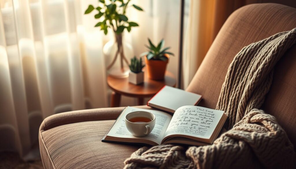 A serene scene depicting a cozy, inviting personal space that reflects individual needs for relaxation and rejuvenation. In the foreground, a plush armchair with soft, warm lighting highlights an open book, a steaming cup of herbal tea, and a knitted blanket draped over the chair. In the middle, a small wooden table holds a potted plant and a notepad filled with handwritten thoughts and goals, symbolizing self-reflection. The background features a softly lit window with sheer curtains, allowing natural light to filter in. The atmosphere is calming and introspective, evoking a sense of personal space where one can recognize and honor their individual requirements for rest. The shot is taken on a Sony A7R IV with a 70mm lens, ensuring a clear focus and sharp definition, enhanced by a polarized filter to reduce glare.