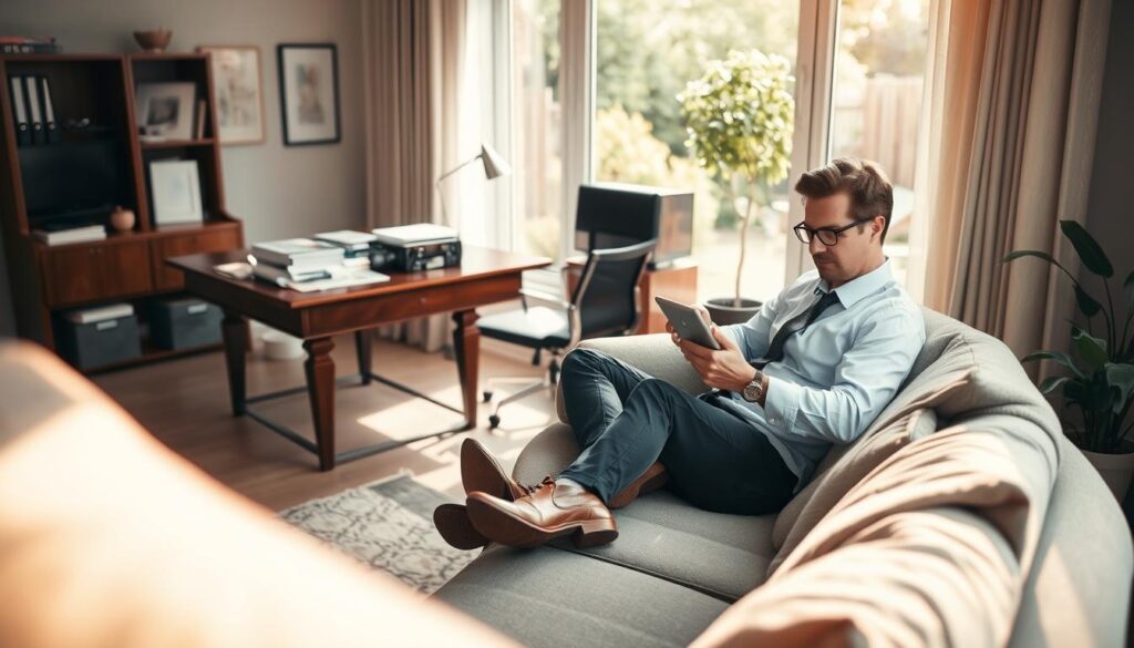 A serene scene depicting a professional individual in a modern home office, embodying the concept of separating work from leisure. In the foreground, the individual, dressed in smart casual attire, sits relaxed on a cozy couch, using a tablet. The middle ground features an elegant wooden desk cluttered with work materials, clearly set apart from the leisure area. In the background, a bright window showcases a peaceful outdoor garden, with sunlight filtering through, creating a warm and inviting atmosphere. The image captures the essence of balance and tranquility, shot with a Sony A7R IV at 70mm, clearly focused and sharply defined, enhanced with a polarized filter to enrich the colors and lighting.