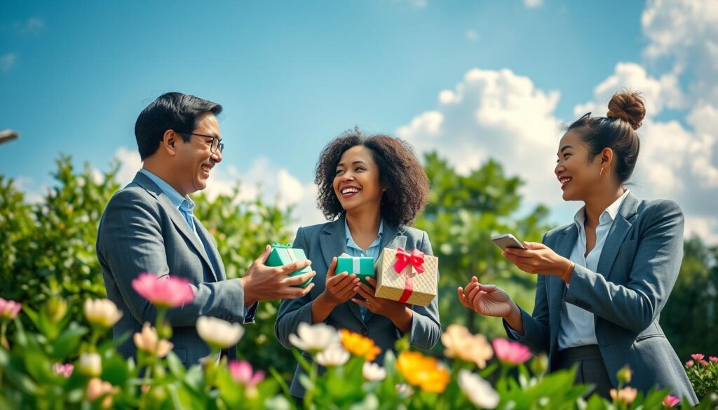 A serene scene depicting the joy of giving and altruistic actions enhancing personal growth. In the foreground, a diverse group of three smiling individuals engage joyfully in a community activity, exchanging gifts and support, dressed in professional business attire. The middle layer features a lush green park with blooming flowers, symbolizing growth and positivity, while the background showcases a bright blue sky filled with soft, fluffy clouds. The image is shot with a Sony A7R IV at 70mm, with a polarized filter to enhance colors and details, creating a warm and uplifting mood. The composition emphasizes connection, community, and the positive impact of altruism on personal development, inviting viewers to reflect on the importance of helping others.