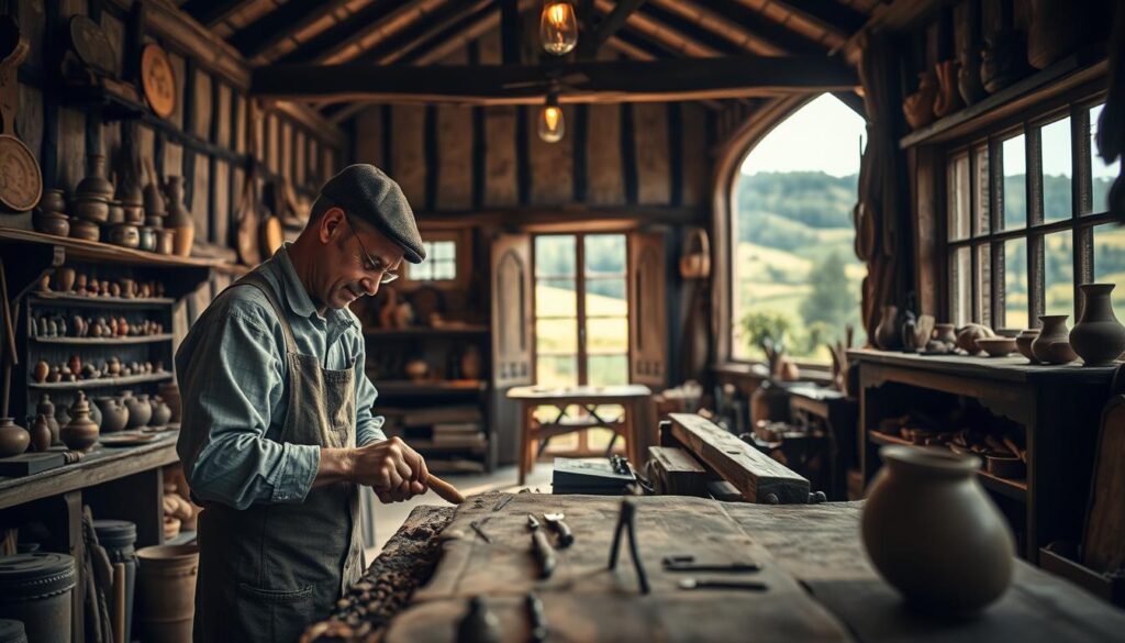 A serene scene showcasing the rich history of craftsmanship in the Weserbergland region. In the foreground, focus on a skilled artisan wearing modest work attire, meticulously carving wood with traditional tools. The middle ground features a quaint, historic workshop with timeworn wooden beams and shelves lined with handmade crafts, illuminated by warm, natural light filtering through large windows. In the background, picturesque rolling hills and lush greenery reflect the natural beauty of the Weserbergland landscape, adding depth to the image. The overall atmosphere should convey a sense of heritage and craftsmanship, with soft, warm colors and a nostalgic feel. Shot with a Sony A7R IV at 70mm, using a polarized filter to enhance clarity and detail, ensuring a sharp, defined focus on the artisan and their work.