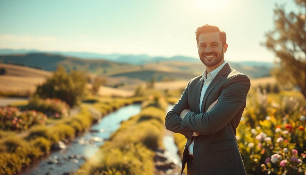 A serene scene symbolizing personal happiness and success in life. In the foreground, a smiling individual dressed in professional business attire stands confidently with arms crossed, basking in warm sunlight. The middle ground features a lush garden filled with blooming flowers and a gently flowing stream, signifying growth and tranquility. The background showcases a distant rolling landscape under a clear blue sky, suggesting freedom and opportunity. The composition is captured with a Sony A7R IV at 70mm, emphasizing sharp details and vibrant colors, using a polarized filter to enhance the natural light. The mood is uplifting and inspiring, evoking a sense of fulfillment and balance in personal success.