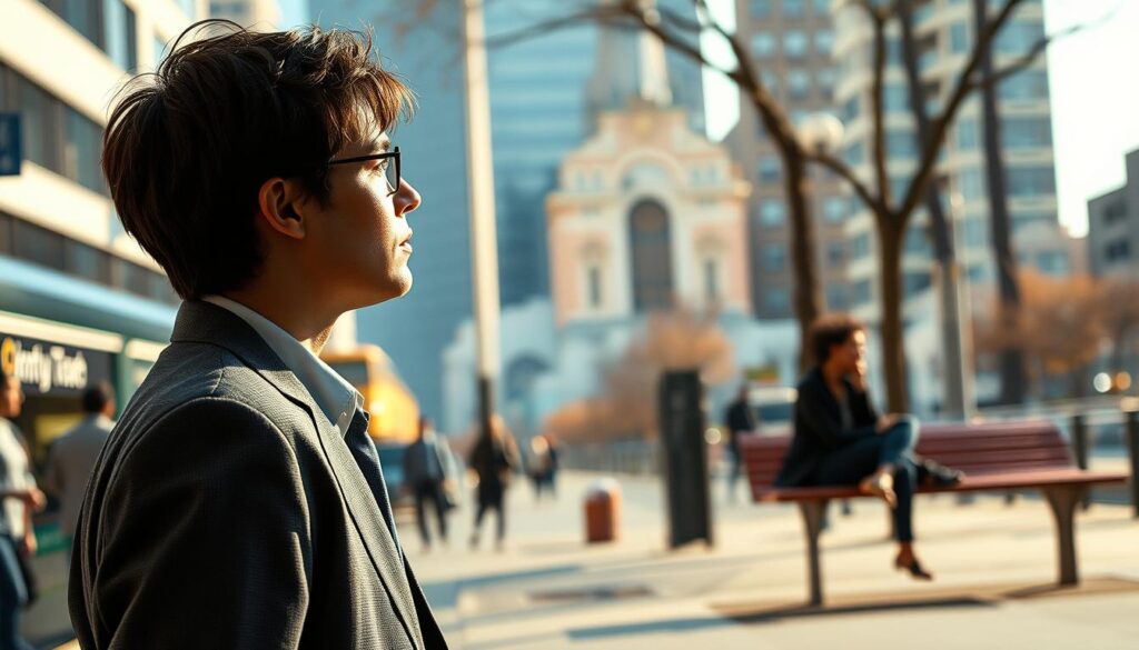 A serene urban scene depicting common daily fears, with a close-up of a person in professional business attire standing in the foreground, looking contemplatively at a bustling street. In the middle ground, various everyday situations illustrate common anxieties: a crowded subway, a busy office environment, and a person sitting alone on a bench, gazing thoughtfully. The background features softly blurred city buildings, creating a sense of depth. The lighting is natural, with warm sunlight casting gentle shadows, creating a calming yet reflective mood. Shot on a Sony A7R IV at 70mm, the image is sharply defined with a polarized filter, focusing on the intricate expressions of the individuals and the dynamic urban landscape around them.