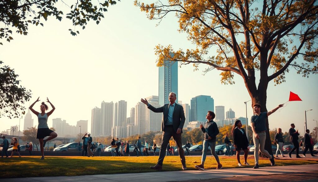 A serene urban scene depicting the concept of "Resilience in Everyday Life." In the foreground, a diverse group of individuals engaged in various activities: a woman practicing yoga in a park, a man meditating under a tree, and a child flying a kite, all dressed in casual, professional attire. The middle ground features a bustling city with people commuting, showcasing the balance between busy life and mindfulness. In the background, tall buildings under a clear blue sky, symbolizing stability and strength. The scene is captured in soft, natural lighting, with a slight golden hour hue, creating an uplifting and hopeful mood. Shot on a Sony A7R IV at 70mm, ensuring clear focus and sharp details, enhanced with a polarized filter to reduce glare and enrich colors. A serene urban scene depicting the concept of "Resilience in Everyday Life." In the foreground, a diverse group of individuals engaged in various activities: a woman practicing yoga in a park, a man meditating under a tree, and a child flying a kite, all dressed in casual, professional attire. The middle ground features a bustling city with people commuting, showcasing the balance between busy life and mindfulness. In the background, tall buildings under a clear blue sky, symbolizing stability and strength. The scene is captured in soft, natural lighting, with a slight golden hour hue, creating an uplifting and hopeful mood. Shot on a Sony A7R IV at 70mm, ensuring clear focus and sharp details, enhanced with a polarized filter to reduce glare and enrich colors.