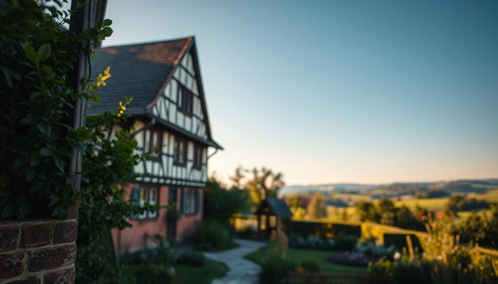 A serene view of a historical building typical of Niedersachsen's architectural style, prominently featuring a well-preserved half-timbered house surrounded by lush greenery. In the foreground, include detailed textures of the building's beams and old brick work, capturing the essence of Denkmalpflege. The middle ground showcases a peaceful garden with native flora, enhancing the connection to nature. In the background, a soft-focus view of rolling hills under a clear blue sky, evoking tranquility. The scene is bathed in warm, golden light, suggesting late afternoon, with long shadows adding depth. The composition is shot with a Sony A7R IV at 70mm, ensuring crisp details and vibrant colors, like a photograph ready for publication, not too busy but inviting to the viewer.