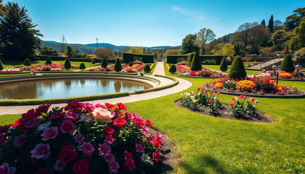 A serene view of unique gardens in the Kurpark, showcasing a variety of colorful flower beds meticulously arranged around a tranquil pond. In the foreground, lush green grass leads to vibrant flower arrangements with roses, tulips, and daisies, all basking in soft, dappled sunlight. In the middle ground, a picturesque walking path meanders through the gardens, framed by elegant hedges and ornamental trees, inviting visitors to explore. In the background, gently rolling hills and a clear blue sky create a peaceful atmosphere. The image is taken with a Sony A7R IV at 70mm, featuring clear focus and sharp definitions, enhanced by a polarized filter to enrich colors and minimize glare. The mood is calm and inviting, perfect for nature lovers.