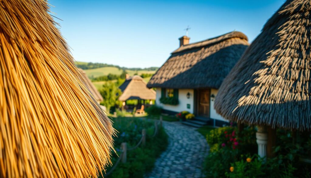 A serene village scene showcasing traditional thatched roofs, known as Reetdächer, nestled among lush green landscapes. In the foreground, a close-up of the distinct textured reeds is highlighted, their natural hues blending beautifully with the soft sunlight. The middle ground features a charming thatched cottage, surrounded by colorful flowers and a cobblestone path leading to the door. In the background, gently rolling hills and clear blue skies complete the scene, evoking a peaceful atmosphere. Captured with a Sony A7R IV at 70mm, the image has a clearly focused, sharply defined composition, enhanced by a polarized filter for vibrant colors and contrast. The overall mood is inviting and warm, reflecting the timeless beauty and appeal of thatched roofs.