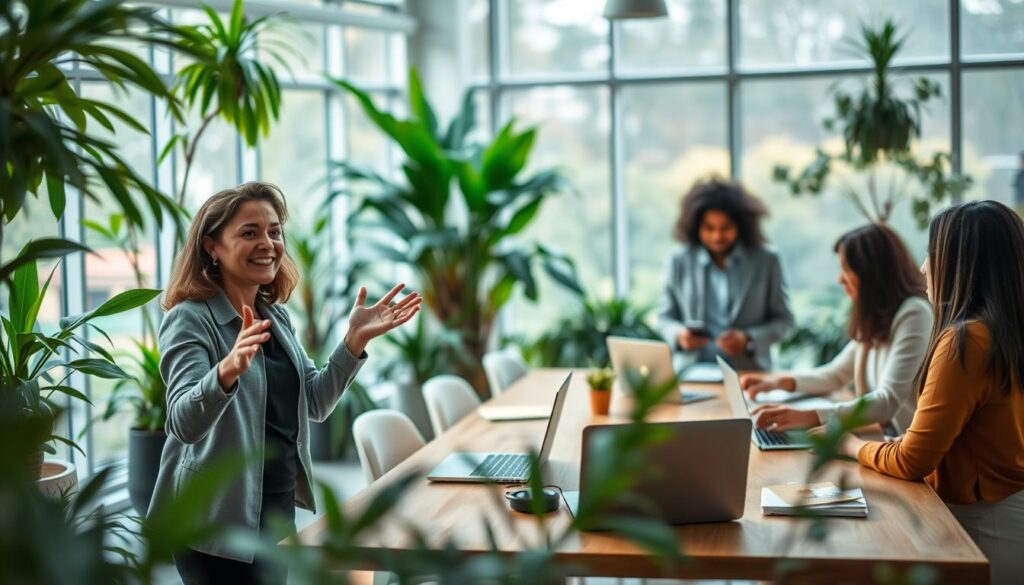 A serene work-life balance scene depicting a diverse group of professionals in an open office space, engaging in collaborative discussions around a lush, green indoor garden. In the foreground, a woman in smart casual attire gestures while sharing ideas, her expression enthusiastic and friendly. The middle ground showcases a large wooden table with laptops and notebooks, surrounded by a few colleagues working together. The background features large windows allowing ample natural light to fill the space, creating a bright and inviting atmosphere. The image should have a soft focus effect, capturing the warmth of teamwork and harmony, shot on a Sony A7R IV at 70mm with a polarized filter, emphasizing clarity and detail.