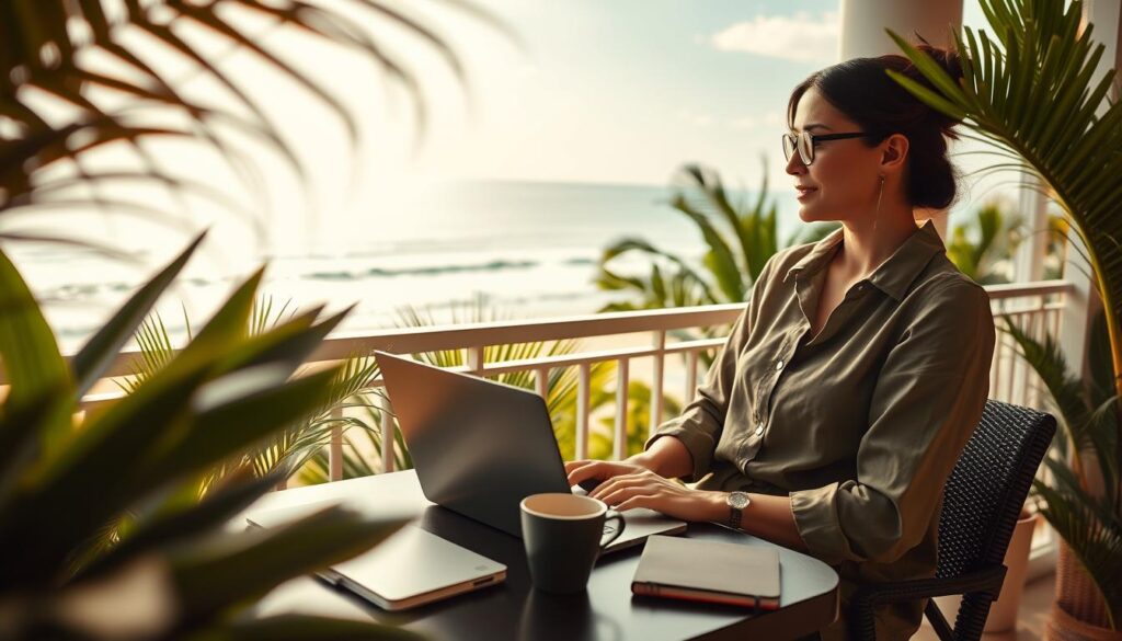 A serene workation scene featuring a professional individual, a woman in modest casual clothing, seated at a stylish outdoor balcony workspace overlooking a picturesque beach. In the foreground, a sleek laptop is open, alongside a notebook and a cup of coffee, symbolizing productivity and relaxation. In the middle ground, lush tropical plants frame the workspace, while gentle waves and a clear sky are visible in the background. The setting is bathed in soft, golden sunlight, creating a warm and inviting atmosphere. The image is shot with a Sony A7R IV at 70mm, ensuring clear focus and sharp detail, with a polarized filter enhancing colors, reflecting the perfect blend of work and vacation.