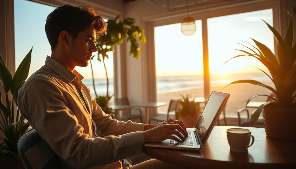 A serene workation scene in a cozy, well-lit café by the beach, capturing the essence of combining work and relaxation. In the foreground, a young professional dressed in smart casual attire, typing on a laptop with a notepad and a cup of coffee beside them. The middle ground features large windows allowing sunlight to stream in, overlooking the ocean with gentle waves. Lush plants decorate the space, enhancing the atmosphere. In the background, a vibrant sunset casts warm golden tones, creating a calm and inviting ambiance. Shot with a Sony A7R IV at 70mm with a polarized filter for clarity, focus on the subject's concentration and the unique blend of leisure and productivity.