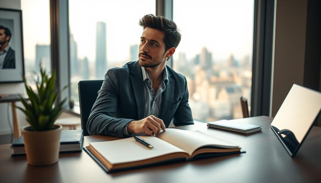 A serene workspace symbolizing personal success, featuring a modern desk adorned with a neatly arranged journal, a stylish pen, and a small green plant. In the foreground, a handsomely dressed individual, reflecting confidence, sits at the desk, gazing thoughtfully out of a large window, suggesting introspection. Behind the individual, a soft, warm light filters in, illuminating the space and creating a cozy atmosphere. The background includes blurred elements of a city skyline, hinting at ambition and opportunity. The image is shot with a Sony A7R IV at 70mm, with a focus on the subject, ensuring sharp details and a well-defined representation of personal success. The mood is contemplative and inspiring, inviting viewers to reflect on their own definitions of success.