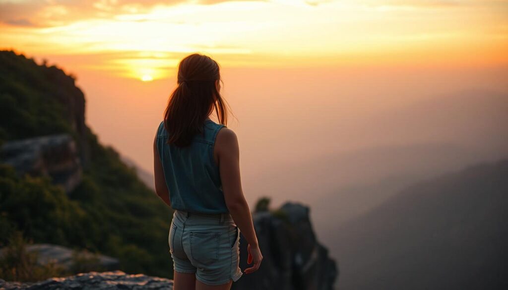 A serene yet powerful scene illustrating the theme of "overcoming fear." In the foreground, a determined young woman, dressed in modest casual attire, stands at the edge of a cliff, looking towards a sunset horizon filled with vibrant oranges and soft purples, symbolizing hope and renewal. The middle ground features lush greenery and rugged rocks, representing the journey of self-discovery and the obstacles faced. In the background, the expansive sky gradually transitions from day to night, evoking a sense of introspection and courage. The lighting is warm and inviting, enhancing the contemplative mood. Shot on a Sony A7R IV at 70mm, with a sharply defined focus and polarized filter, capturing every detail of the powerful landscape while conveying an atmosphere of resilience and determination.