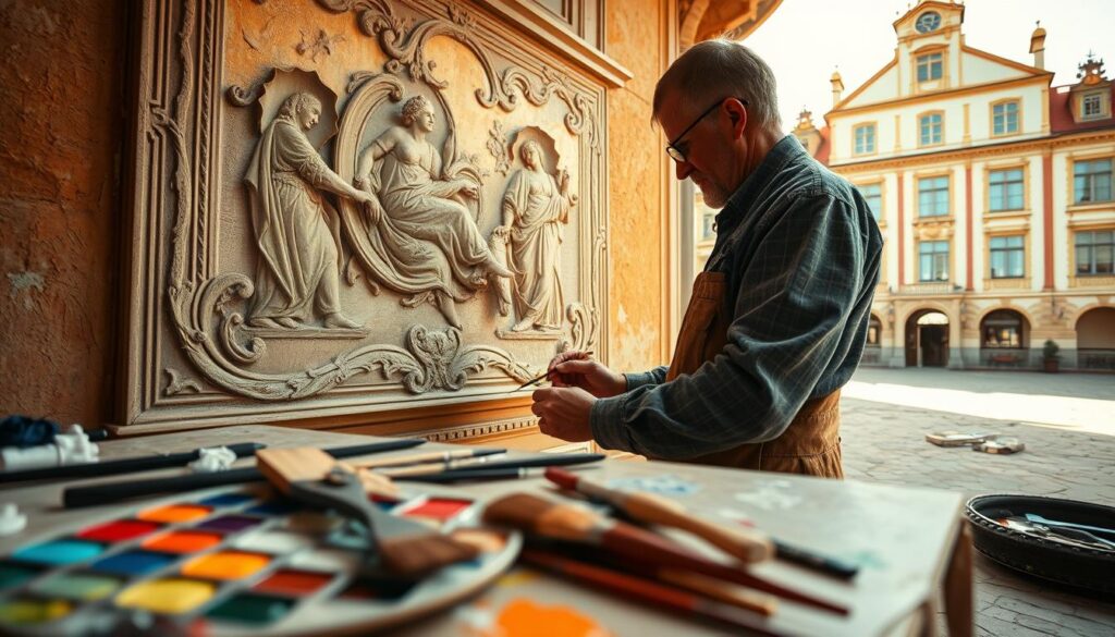 A skilled artisan, wearing professional work attire, meticulously restores the ornate plasterwork of a historic villa wall in Bad Pyrmont. In the foreground, vibrant colors emerge from a palette, and brushes lay scattered among tools of the trade, highlighting the meticulous process of preservation. In the middle ground, the artisan delicately applies paint to restore a faded fresco, capturing the essence of traditional craftsmanship. The background reveals a beautifully preserved Kurhaus, bathed in warm, golden sunlight, emphasizing the majestic architecture. The scene is shot with a Sony A7R IV at 70mm, using a polarized filter for clarity and sharp detail. The overall atmosphere is one of dedication and heritage, showcasing the importance of techniques in monument preservation during painting work.