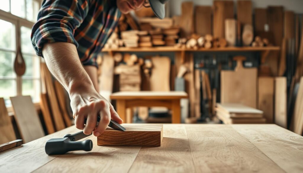 A skilled carpenter at work in a modern workshop in Beverungen, showcasing intricate woodworking skills. The foreground features a focus on the carpenter's hands, expertly shaping a piece of oak furniture, with tools like chisels and clamps arranged neatly around. In the middle, a beautifully crafted wooden table is partially visible, highlighting the fine details of the grain and finish. The background shows shelves filled with wood samples and various woodworking tools, softly blurred to emphasize the craftsman. The scene is warmly lit with natural light coming through large windows, creating an inviting and inspiring atmosphere. Shot on a Sony A7R IV at 70mm, with a polarized filter for clarity and sharp detail, conveying a sense of professionalism and artistry in carpentry.