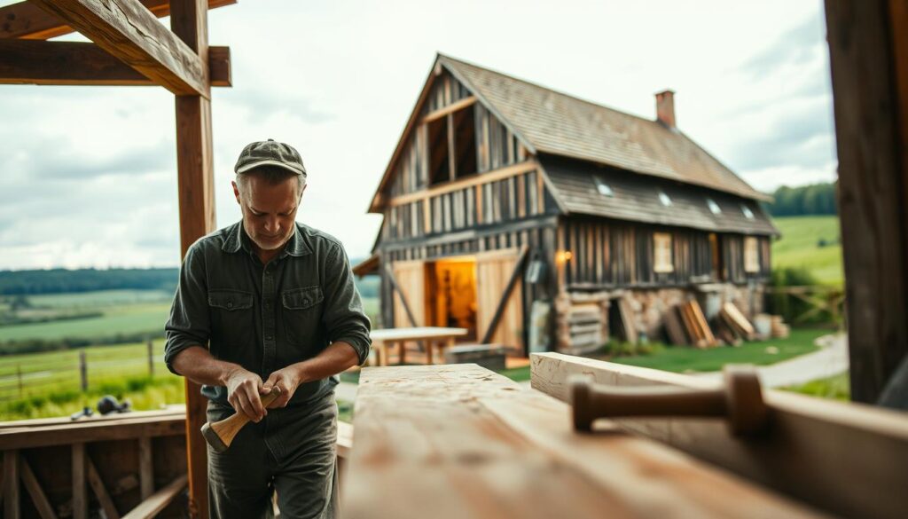 A skilled carpenter, dressed in modest casual clothing, works meticulously on a historical building restoration scene. In the foreground, show detailed wooden beams and tools such as chisels and hammers, reflecting the craftsmanship of Zimmerer in the restoration of heritage structures. The middle ground features an old barn, partially transformed into a living space, showcasing traditional architectural elements alongside modern touches. In the background, a lush green landscape hints at Emmerthal's rural charm. Capture warm, diffused lighting to enhance the inviting atmosphere, shot with a Sony A7R IV at 70mm, presenting a sharply defined image. Aim for a perspective that conveys the dedication to preserving historical architecture, embodying the connection between tradition and modern living.