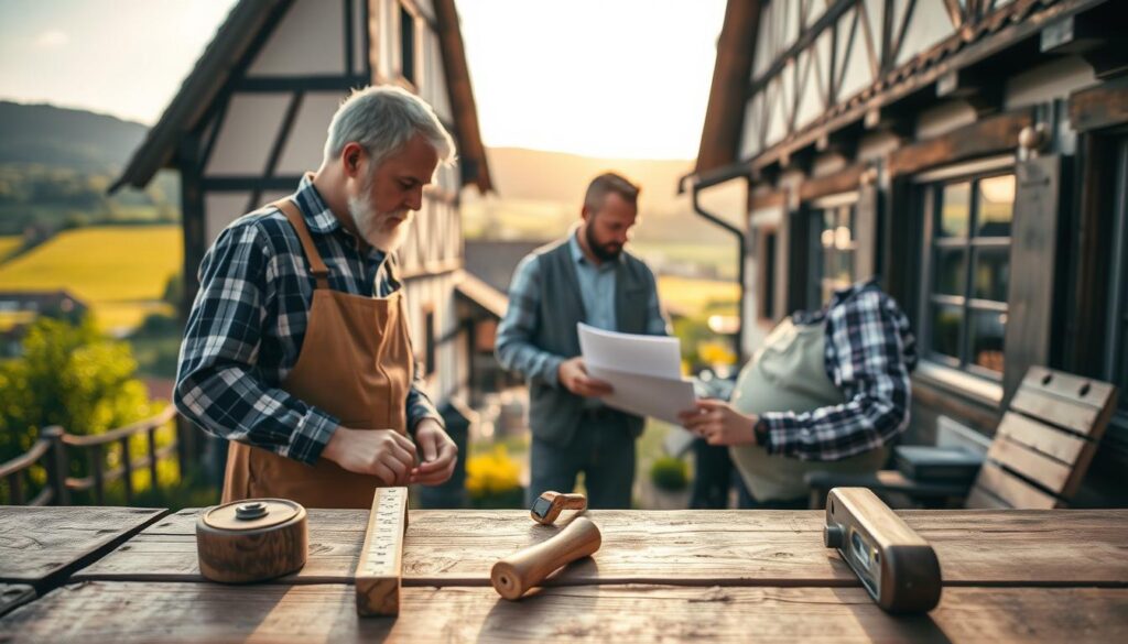 A skilled carpenter, dressed in modest work attire, carefully inspects a traditional half-timbered house in Bodenwerder, known for its unique Fachwerk architecture. In the foreground, tools such as a wooden measuring tape and a hammer are artistically arranged on a wooden table, emphasizing craftsmanship. In the middle ground, the carpenter discusses restoration plans with a project manager, both focused on preserving the building's historical integrity. The background showcases a picturesque Weser valley, with rolling hills and lush greenery, illuminated by soft, warm sunlight, creating a serene atmosphere. The image is shot with a Sony A7R IV at 70mm, utilizing a polarized filter to ensure clear, sharply defined details, showcasing both the people and the architectural beauty harmoniously.