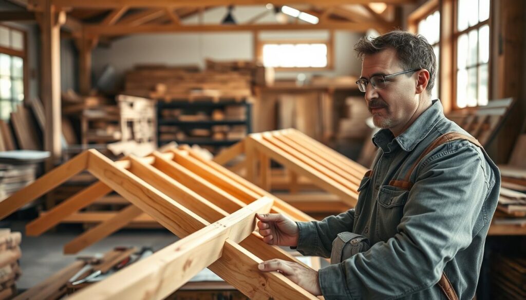 A skilled carpenter evaluating wood frame construction options in a cozy workshop setting in Holzminden. In the foreground, a professional carpenter, dressed in modest work attire, inspects high-quality wooden beams with a focused expression. The middle ground showcases an array of finely crafted wooden structures, highlighting craftsmanship in roof construction, with tools and building plans scattered around. In the background, a well-lit workshop is filled with shelves of timber and construction materials, with soft natural light filtering through large windows, creating a warm and inviting atmosphere. The image is shot on a Sony A7R IV at 70mm, capturing crisp details with sharp focus and using a polarized filter to enhance colors and reduce glare, evoking a sense of professionalism and dedication to the craft.