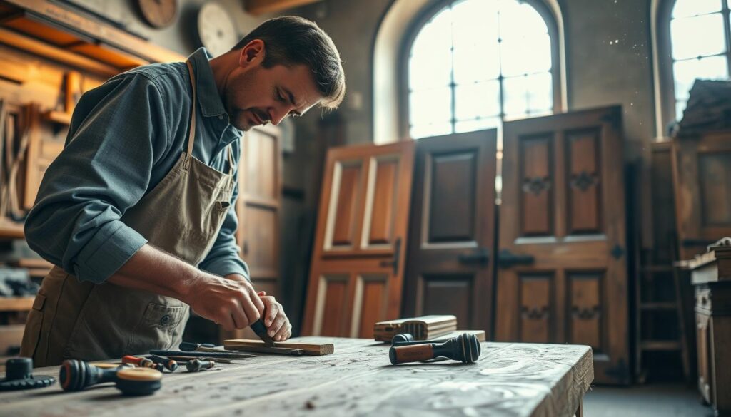 A skilled carpenter in Bodenwerder, dressed in modest, professional attire, meticulously restoring historic wooden doors and windows in a charming workshop. In the foreground, detailed focus on the delicate chiseling of ornate wood carvings, with tools scattered around. The middle ground features beautifully restored doors leaning against the wall, showcasing rich grains and historic patterns. The background captures an inviting workshop atmosphere with warm, ambient lighting filtering through a large window, highlighting dust motes in the air. The scene is shot with a Sony A7R IV at 70mm, creating a sharply defined image with vibrant colors and textures, evoking a sense of craftsmanship and dedication to heritage preservation.