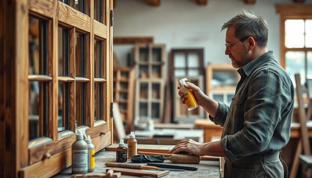 A skilled carpenter in Holzminden carefully applies a natural wood care product to a beautifully crafted wooden window, showcasing the grain and texture of the wood. The scene captures the carpenter dressed in a modest work shirt, focusing intently on the window's details, with tools and wood care products neatly arranged on a nearby workbench. In the background, a softly lit workshop filled with more wooden windows and carpentry tools enhances the ambience of craftsmanship. The shot is taken with a Sony A7R IV at 70mm, utilizing a polarized filter to emphasize the depth and clarity of the wood grain, creating a warm and inviting atmosphere that highlights the art of window maintenance and care.
