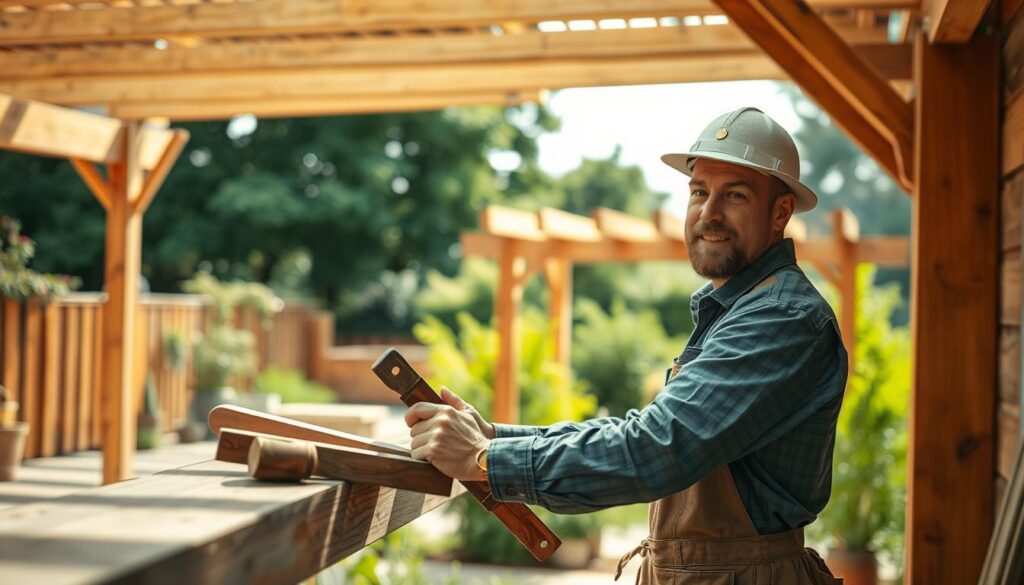 A skilled carpenter in a professional outfit, meticulously crafting a wooden carport. In the foreground, the carpenter confidently uses traditional tools, showcasing their expertise and precision. In the middle ground, a partially constructed wooden terrace covering is visible, emphasizing quality workmanship and attention to detail. The background features a lush green garden, adding a serene atmosphere. The scene is bathed in natural daylight, with soft shadows enhancing the textures of the wood. Captured with a Sony A7R IV at 70mm, the image is sharply defined and clearly focused, using a polarized filter to bring out the rich colors of the wood and surrounding nature. The mood conveys professionalism, craftsmanship, and a commitment to quality in wooden construction.