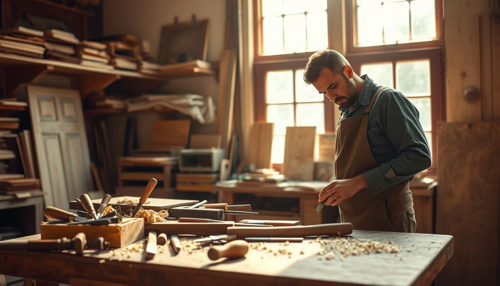 A skilled carpenter in a sunlit workshop is meticulously restoring historical wooden doors and windows. In the foreground, there's a workbench cluttered with hand tools, precise chisels, and wood shavings, demonstrating traditional craftsmanship techniques. The carpenter, wearing professional work attire, is focused on shaping a beautiful wooden frame, conveying dedication and expertise. The middle ground features shelves lined with vintage materials and half-finished projects that reflect rich textures and deep colors. In the background, large windows allow warm sunlight to stream in, highlighting the dust particles in the air and creating a serene, nostalgic atmosphere. Shot on a Sony A7R IV at 70mm, the image is clearly focused, sharply defined, and enhanced with a polarized filter to emphasize the wood grain and warm tones.