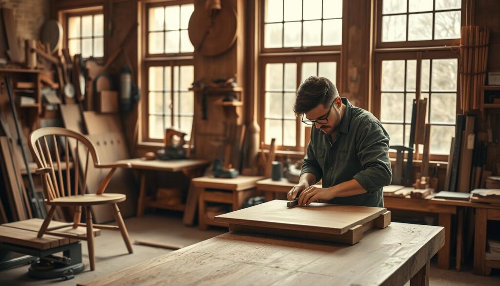 A skilled carpenter in a well-organized workshop, showcasing the craftsmanship of bespoke furniture. In the foreground, a focused carpenter, dressed in modest casual clothing, carefully chiseling a wooden tabletop with precision tools. To the left, a partially finished elegant wooden chair stands, highlighting intricate joinery. The middle ground features various woodworking tools neatly arranged, including saws, clamps, and measuring devices, all crafted from high-quality materials. In the background, large windows emit soft, natural light, illuminating the dust motes floating in the air. The warm atmosphere conveys a sense of dedication and artistry, captured with a Sony A7R IV at 70mm, clearly focused and sharply defined. Use a polarized filter to enhance colors and contrast.