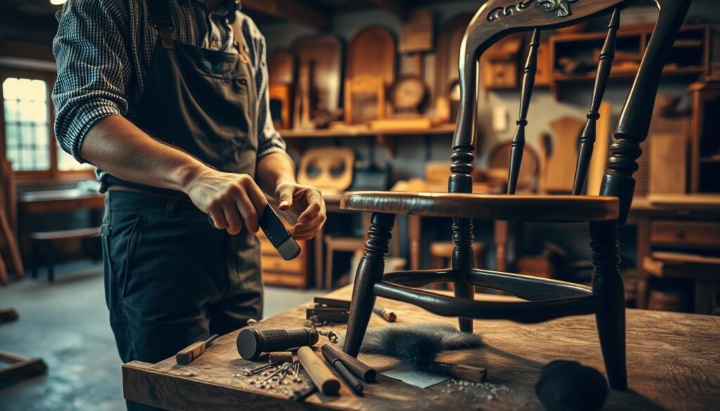 A skilled carpenter in professional attire is meticulously restoring an antique wooden chair in a well-lit workshop. The foreground features a detailed close-up of the craftsman's hands using fine tools, such as chisels and sandpaper, to carefully refine the chair's surface. In the middle ground, various restoration tools and wood pieces are scattered across a wooden workbench, showcasing the meticulous process. In the background, shelves hold finished and unrefurbished antique furniture, hinting at the expertise of the workshop. The lighting is warm and inviting, creating a cozy and industrious atmosphere. The image is shot on a Sony A7R IV with a 70mm lens, clearly focused, sharply defined, and utilizing a polarized filter to enhance color richness and texture details.