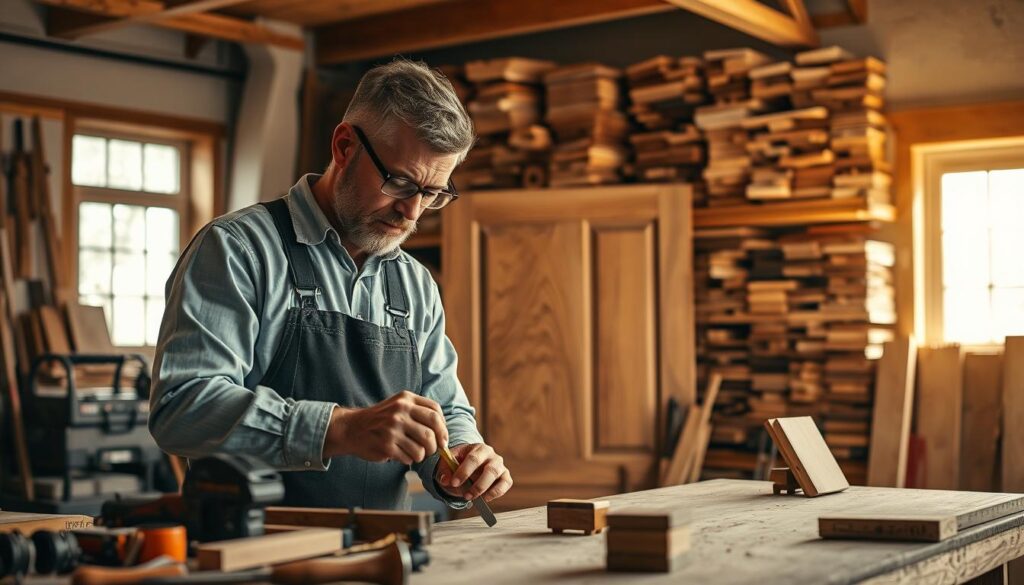A skilled carpenter in professional attire, meticulously crafting a custom wooden door in a well-lit workshop, emphasizing bespoke solutions for unique requirements. In the foreground, tools such as chisels, saws, and a measuring tape surround the carpenter, showcasing the craftsmanship involved. The middle ground features a partially assembled door with intricate wood grain patterns, symbolizing quality and precision. In the background, warm sunlight filters through windows, illuminating shelves packed with various wood types, enhancing the inviting atmosphere. The overall mood is one of dedication and artistry, captured with a Sony A7R IV at 70mm, resulting in clear focus and sharp definition, enhanced by a polarized filter for rich colors and contrast.
