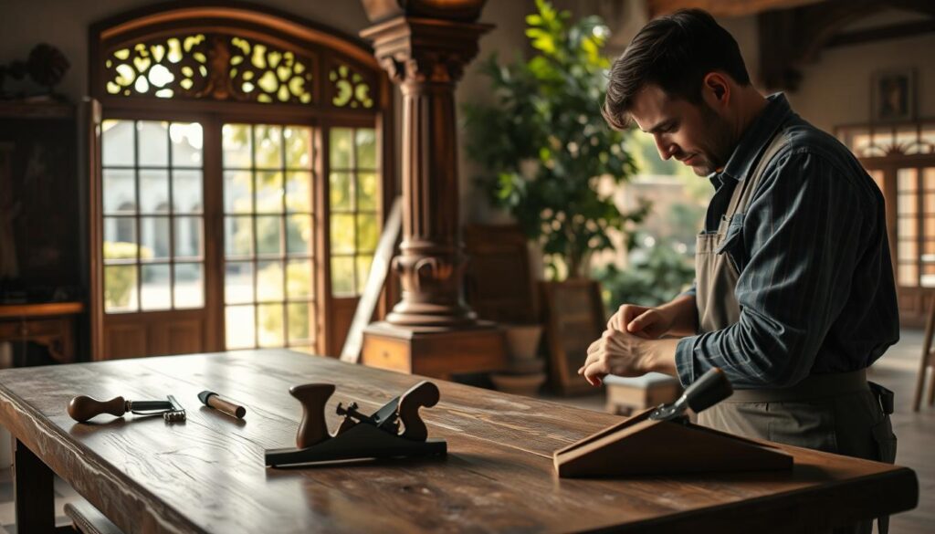 A skilled carpenter meticulously restores an intricate wooden column from a historic building, showcasing traditional joinery techniques. In the foreground, tools like chisels and a wood plane lie on a polished workbench, while the carpenter, dressed in professional attire, carefully examines an aged wooden surface. The middle background features partially restored intricate woodwork with detailed carvings, illuminated by soft, natural light streaming in through a large window. In the distant background, the exterior of a historic building can be seen, surrounded by lush greenery, enhancing the atmosphere of craftsmanship and preservation. The scene conveys a sense of dedication and skill in heritage conservation, captured with a Sony A7R IV at 70mm, sharply focused with a polarized filter, giving clarity and depth to the composition.