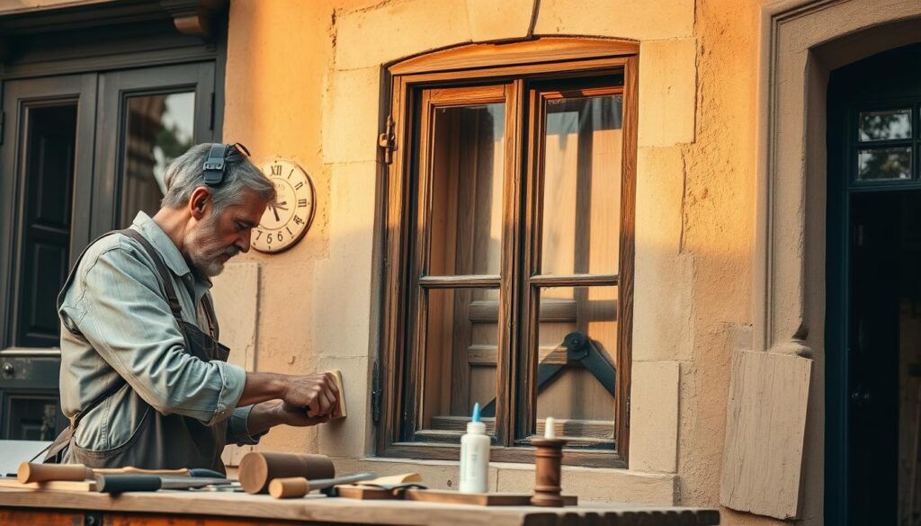 A skilled carpenter repairing an old wooden window in a charming, heritage building. In the foreground, a dedicated craftsman, dressed in modest work attire, is meticulously sanding a wooden frame, showing attention to detail. Surrounding him are tools like chisels, sandpaper, and wood glue, emphasizing the art of restoration. The middle section features the partially restored window, showcasing rich, warm wood tones and intricate details typical of historic architecture. In the background, the façade of the heritage building is gently lit by soft golden hour sunlight, highlighting its unique features and textures. The image is captured with a Sony A7R IV at 70mm, ensuring a sharply defined focus with a polarized filter to enhance colors and reduce glare, creating a warm, inviting atmosphere that reflects the craftsmanship of window repair.