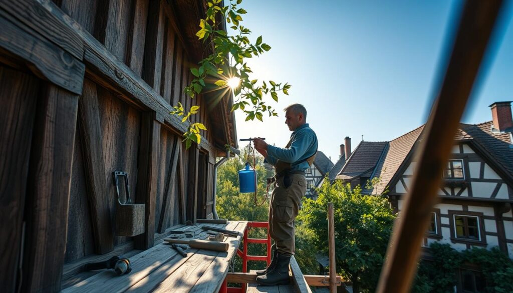 A skilled carpenter, wearing modest work attire, stands on scaffolding, actively engaged in the restoration of a traditional half-timbered house in Bodenwerder. The foreground features detailed wooden beams and tools scattered, showcasing craftsmanship. In the middle ground, the carpenter focuses intently on repairing intricate woodwork, with sunlight filtering through leaves, casting gentle shadows. The background reveals other half-timbered houses characteristic of the Weser Valley, with lush greenery and a clear blue sky. The scene has a serene and industrious atmosphere, highlighting the dedication to preserving architectural heritage. Captured with a Sony A7R IV at 70mm, the image is sharply defined, with a polarized filter enhancing color vibrancy and contrast.