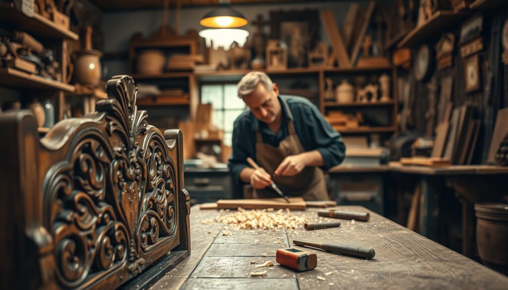 A skilled carpenter working focused on the restoration of a historic wooden piece in a charming workshop in Hann. Münden. The scene features intricately carved wooden furniture, showcasing detailed craftsmanship in the foreground. In the middle ground, tools and wood shavings scatter around the workbench, indicating an active restoration process. The background reveals shelves lined with antique woodwork and various restoration materials, illuminated by soft, warm lighting that creates a cozy atmosphere. The image is shot with a Sony A7R IV at 70mm, ensuring clarity and sharp definition, enhanced by a polarized filter to accentuate the rich textures of wood and the artisan's careful efforts. The mood is one of dedication and pride in preserving historical craftsmanship.