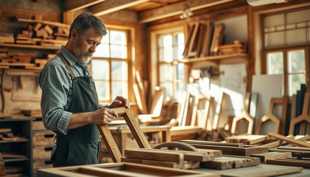 A skilled carpenter working in a bright workshop, showcasing the art of woodworking. In the foreground, an experienced craftsman in professional attire expertly shapes a wooden window frame, surrounded by an array of handcrafted wooden parts. The middle ground features traditional Holzfenster and Türen, meticulously crafted with intricate details, showcasing their elegance and durability. Natural light floods the scene through large windows, creating warm highlights and soft shadows that enhance the warm tones of the wood. In the background, shelves lined with tools and wood planks emphasize the craftsmanship, while hints of architectural plans for a historic building provide context. The overall mood is one of dedication, skill, and respect for traditional woodworking techniques, captured with a Sony A7R IV at 70mm, ensuring sharp details and clarity.