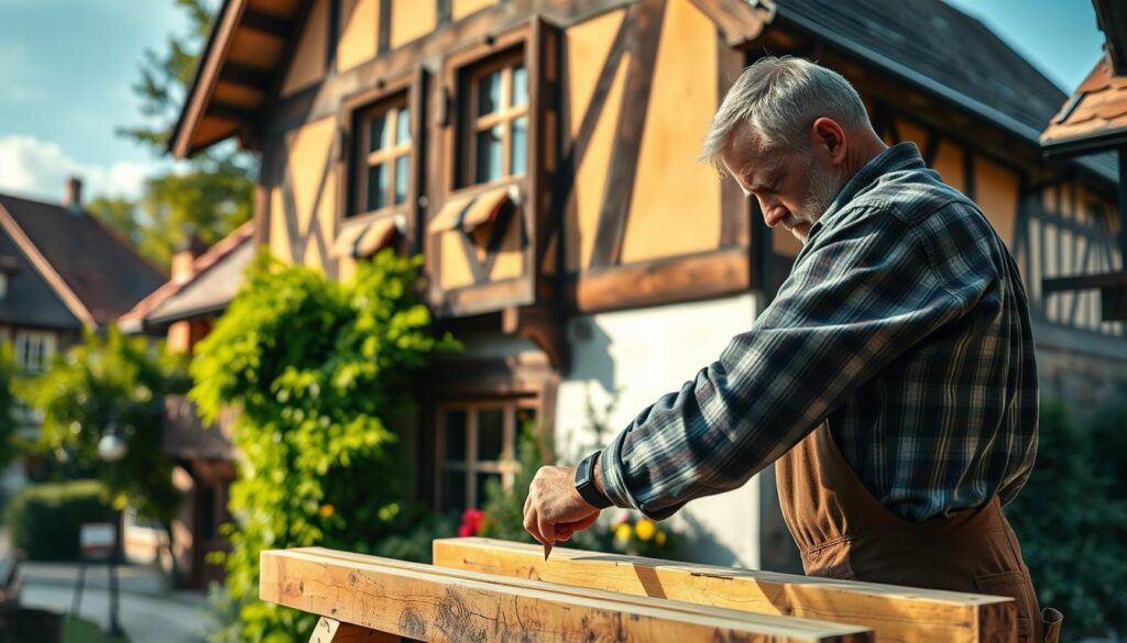 A skilled carpenter working on a traditional half-timbered house in Rinteln, showcasing local expertise in timber framing. In the foreground, the carpenter wears modest work clothes, carefully measuring wooden beams under soft, natural light. The middle ground features the partially restored facade of the half-timbered structure, highlighting its intricate woodwork and historical details. In the background, lush greenery and charming streets of Rinteln add context, evoking a sense of community and craftsmanship. The scene is captured with a Sony A7R IV at 70mm, ensuring sharp focus on the carpenter and wooden structures, with a polarized filter enhancing color vibrancy. The overall mood is one of dedication, craftsmanship, and local pride in architectural restoration.