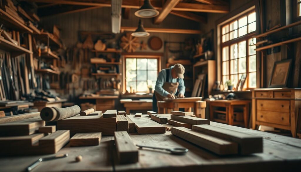 A skilled carpenter's workshop in Höxter, featuring a master craftsman in professional attire, skillfully shaping wood for custom furniture. In the foreground, finely crafted wood pieces and tools lie artfully arranged, showcasing the intricate details of handcrafted designs. The middle ground captures the craftsman in action, surrounded by shelves filled with traditional woodworking tools, and sunlight streaming through large windows, creating a warm and inviting atmosphere. The background reveals a beautifully designed piece of custom furniture, reflecting the high craftsmanship of Höxter. Soft, natural lighting enhances the wood's texture and grain, while the scene is captured with a Sony A7R IV at 70mm, delivering sharp focus and definition through a polarized filter, evoking a sense of dedication and artistry in the craft.