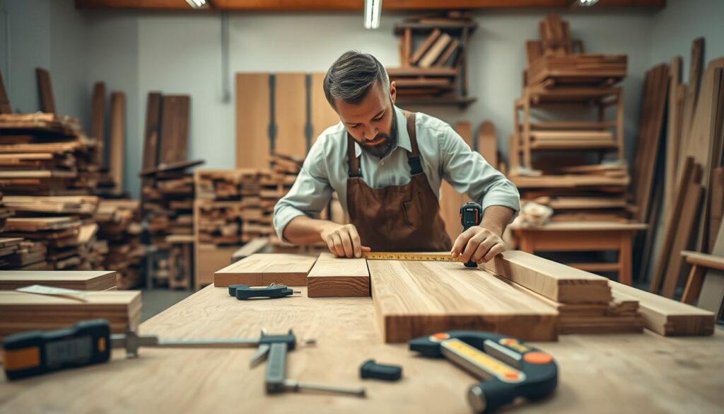 A skilled carpenter's workshop scene, featuring a craftsman in professional attire, intently measuring wood pieces with precision tools. In the foreground, a neatly arranged workbench displays various carpentry tools, including a tape measure, calipers, and a digital laser measurement device. In the middle, the carpenter is seen expertly cutting a well-polished wooden board, capturing the essence of craftsmanship. The background is filled with timber stacks and cabinets showcasing furniture designs, illuminated by warm lighting that highlights the texture of the wood. Shot on a Sony A7R IV at 70mm, the image is sharply defined with a polarizing filter, evoking a professional, focused atmosphere. The composition conveys dedication to quality and skill in the art of custom furniture making.