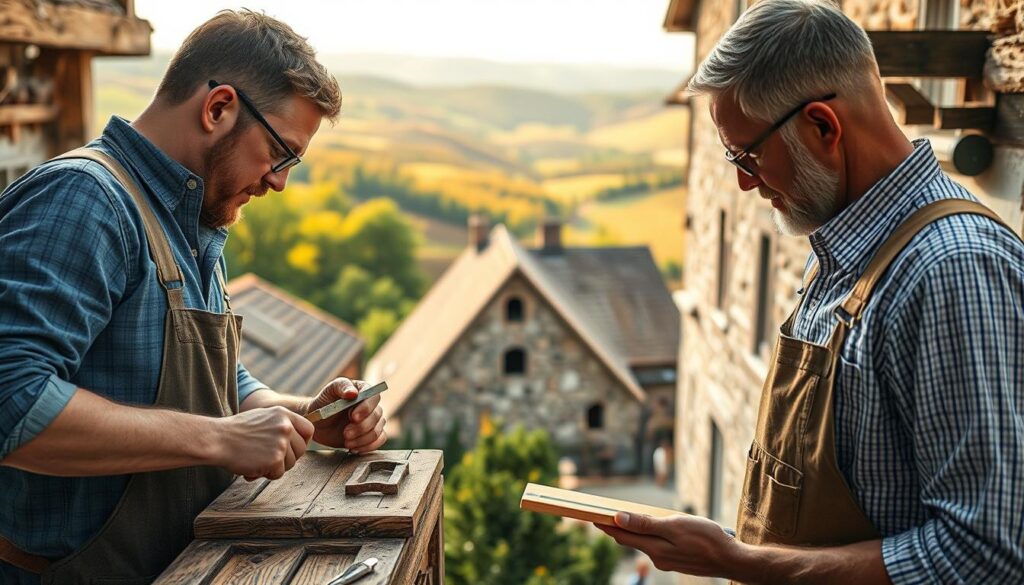 A skilled craftsman and a conservation architect collaborate on a restoration project in the lush Weserbergland region, showcasing the blend of traditional craftsmanship and modern techniques in historical preservation. The foreground features the craftsmen in professional attire, closely examining intricate wooden details of a restored historical building with tools like chisels and measuring instruments. In the middle ground, a partially restored façade reveals old stonework juxtaposed with new materials, hinting at ongoing efforts. The background captures a serene landscape of the Weserbergland hills, bathed in warm, soft afternoon light, creating a harmonious atmosphere of teamwork and dedication to heritage preservation. Shot with a Sony A7R IV at 70mm, with a polarized filter for rich colors and sharp details.