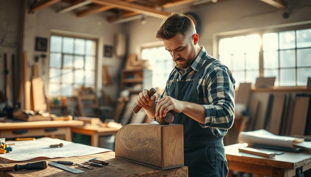 A skilled craftsman in a modern workshop, showcasing the art of traditional trade. He is focused on a wooden piece, expertly shaping it with a chisel and hammer, surrounded by various tools and materials that reflect the essence of manual craftsmanship. In the background, sunlight streams through large windows, illuminating the workspace and casting soft shadows. Nearby, a workbench is cluttered with hand tools and blueprints, symbolizing the educational aspects of vocational training in craftsmanship. The image is framed with a shallow depth of field, highlighting the craftsman in sharp detail against a softly blurred background. The atmosphere is one of dedication and opportunity, inviting viewers to appreciate the value of skilled labor. Shot on a Sony A7R IV 70mm, with a polarized filter for enhanced clarity and vivid colors.