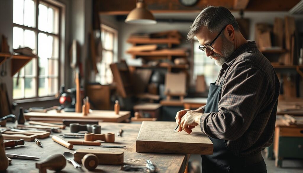 A skilled craftsman in a workshop, demonstrating precision and expertise in his trade, surrounded by high-quality tools and materials. The foreground features the craftsman, dressed in professional attire, intently working on a wooden project with a focus on detail. In the middle ground, a neatly organized workbench displays various hand tools and finished pieces, reflecting craftsmanship and quality. The background shows a well-lit workshop with large windows, allowing natural light to illuminate the space, creating an inviting and productive atmosphere. The shot is captured with a Sony A7R IV at 70mm, clearly focused and sharply defined, showcasing the ambiance of professionalism and dedication in the craft, enhanced by a polarized filter for clarity and brightness.